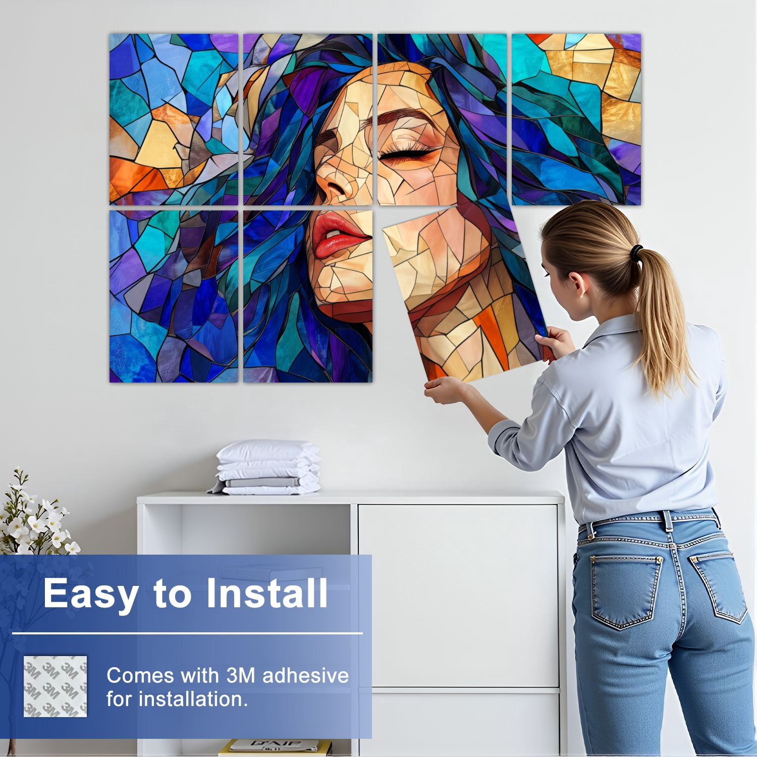 Stained Glass Style 8 Pack Art Acoustic Panels Sound Absorbing Portrait Woman Blue Hair Decorative Soundproof Wall Panels Self Adhesive for Nursery Game Room Bedroom 48"x32"