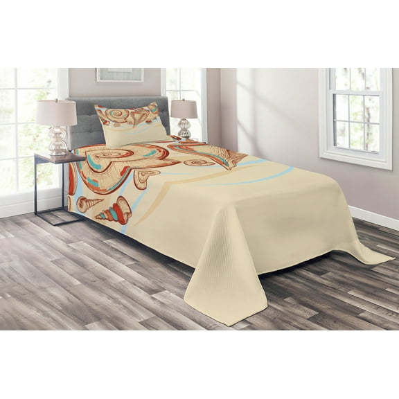 Ambesonne Ocean Quilted Coverlet 2 Pcs, Seashells Pastel Colored, Twin Size, Cream Red Teal