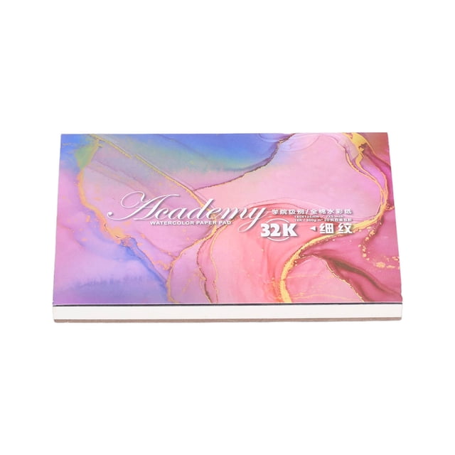 papel de acuarela bling bling papel de acuarela pulpa para pintura de acuarela bloc apaisado con cubierta marmoleada rosa y púrpura con texto "Academy 32K", vista frontal centrada, lomo encolado visible y borde blanco de hojas, apariencia prensada en frío y tamaño compacto ideal para llevar.