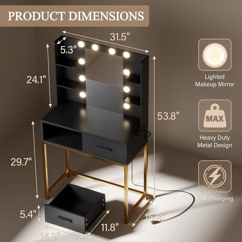 Treevan Black & Gold Makeup Vanity Desk with Hollywood LED Mirror, Charging Station, 3 Color Dimmable Lights for Bedroom