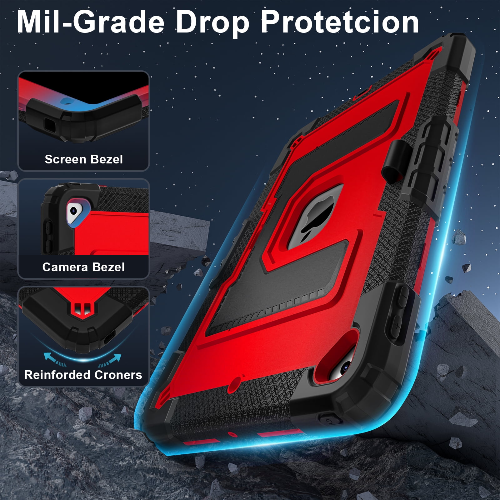 ELEHOLD 3-Layer Rugged Case For Apple iPad 9th/8th/7th Generation Heavy Duty Shockproof Cover, [Drop Protection], [Logo Visible], With Kickstand & Pencil Holder & Shoulder Strap, Black+Red