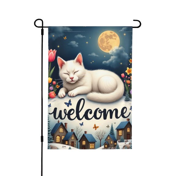 Welcome White Cat Sleeping Garden Flag 12x18 Inch Double Sided, Night Moon Flowers Butterfly Village Scene Spring Summer Seasonal Yard Outdoor Decor