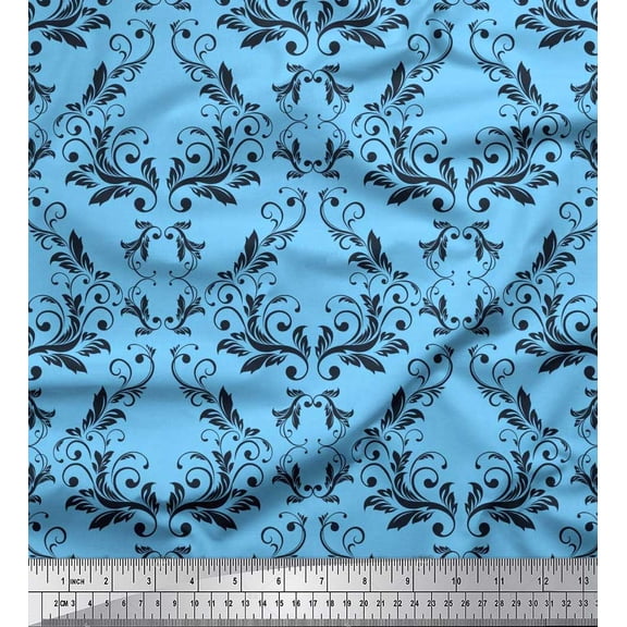 Soimoi Blue Rayon Fabric Filigree Damask Print Sewing Fabric Yard 42 Inch Wide
