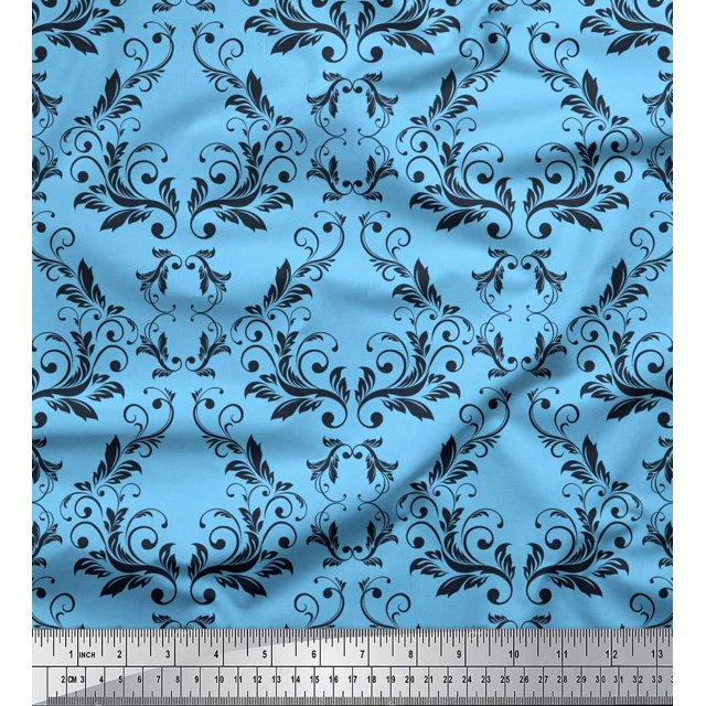 Soimoi Blue Modal Satin Fabric Filigree Damask Print Sewing Fabric Yard 42 Inch Wide