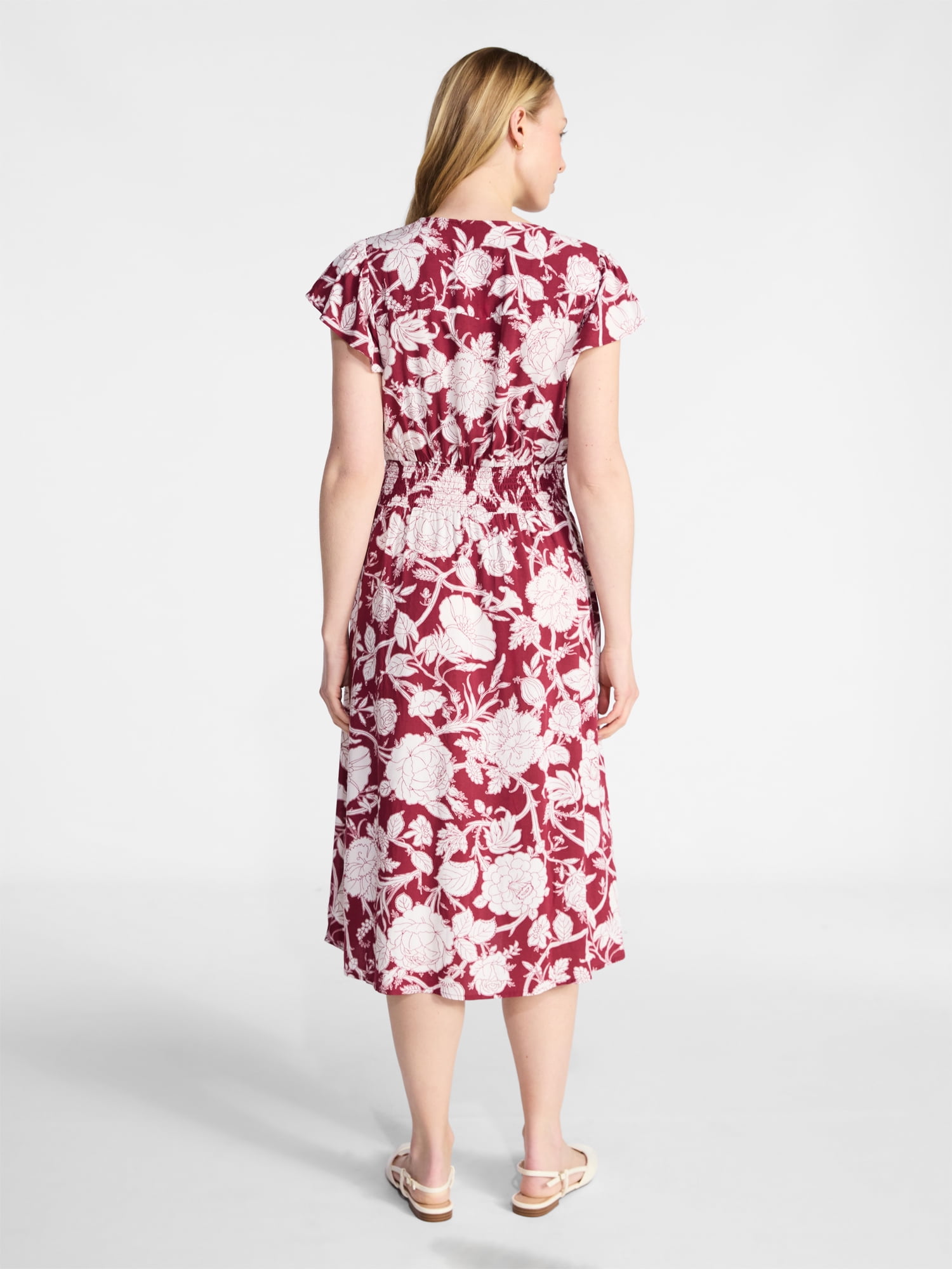 Time and Tru Women’s and Women’s Plus Smocked Waist Midi Dress with Flutter Sleeves, Sizes XS-4X