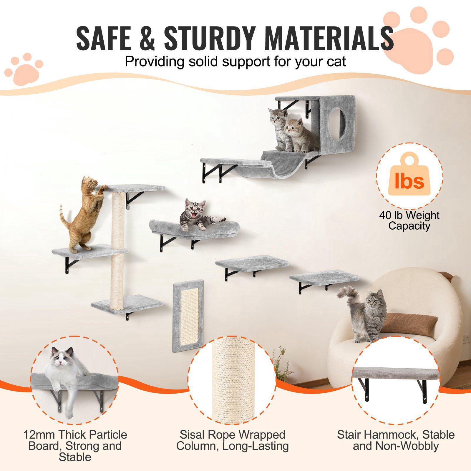 Wall Mounted Cat Shelves Set of 6 with Jumping Boards Hammock Sofa Cat Tree and Grip Supports 40 lbs for Sleeping Playing Climbing