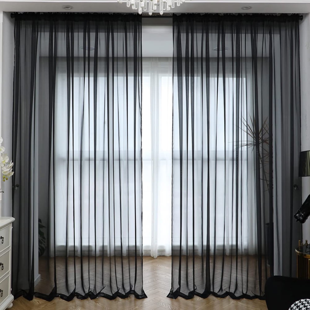 Window Sheer Curtains Black Curtains Clear Curtains Basic Rod Pocket Panel for Kitchen Bedroom Children Living Room Yard(55" X 95", Black)