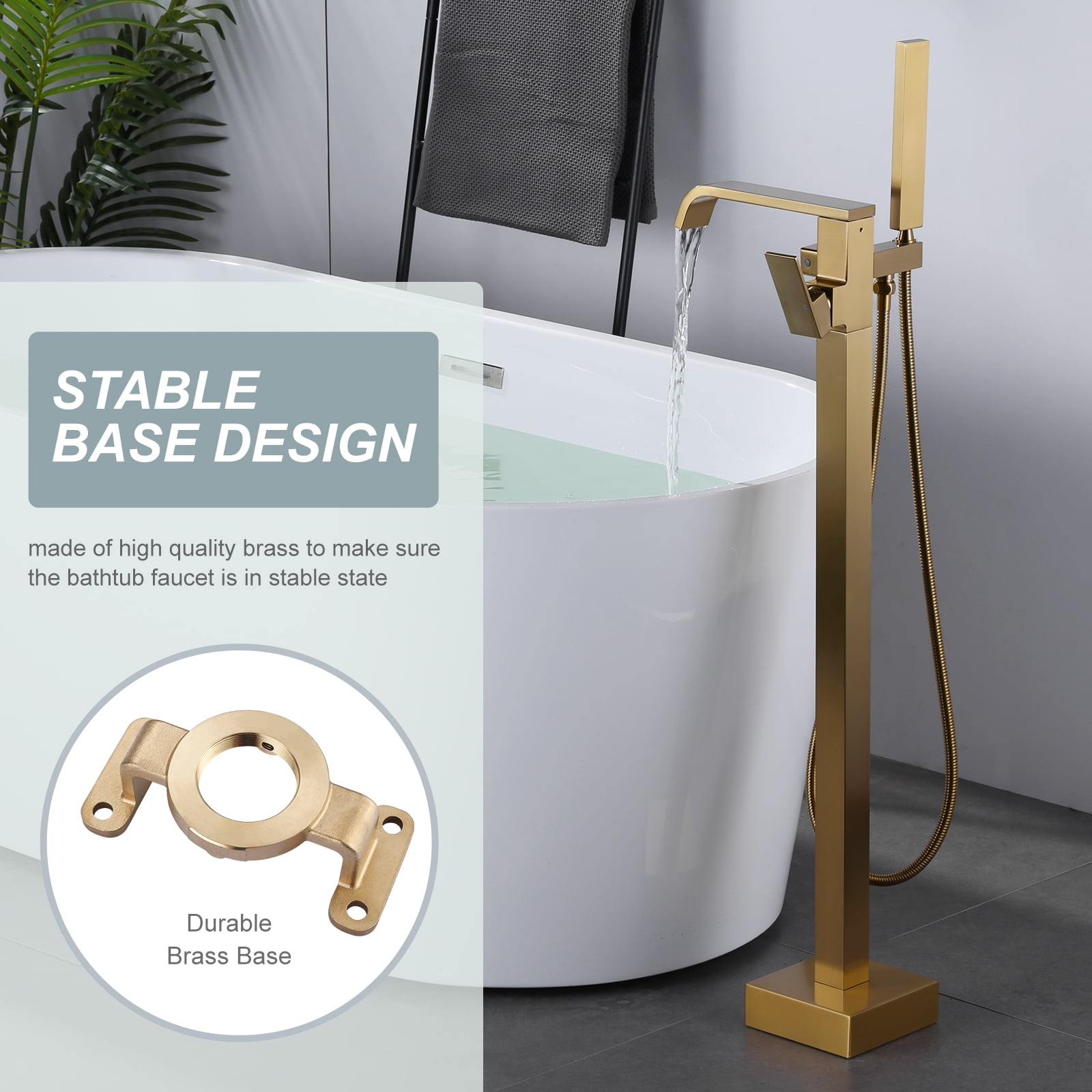 Wowow Single handle Floor Mount Freestanding Waterfall Bathtub Faucet in Gold with Handheld Shower (Valve Included)