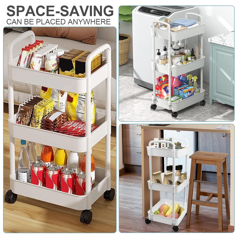 Bathroom Cart with Wheels Kitchen Small Storage 3 Tier Rack Rolling Trolleys Organizer Shelf, White