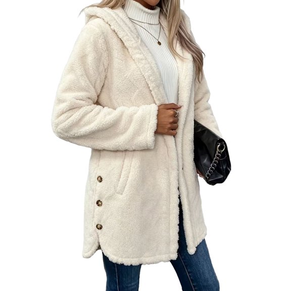 Sorvello Fleece Jacket Women Zip Up Jacket with Pockets Oversized Long Faux Sherpa Hoodies Fuzzy Jackets Warm Comfort Winter Coat Beige L