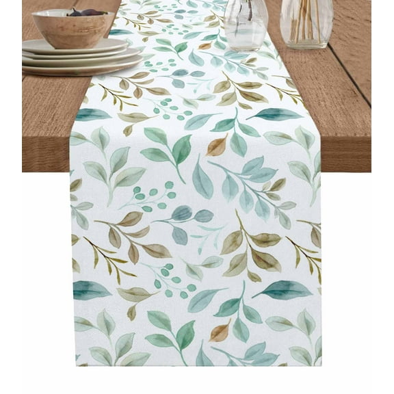Green Brown Botanical Burlap-Cotton Table Runner 90 Inches Long,Pastoral Leaf Watercolor Farmhouse Table Runners,Outdoor Dining Tablecloths Decor for Baby Shower Party Wedding 13x90