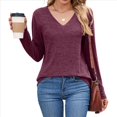 thumbnail image 3 of Camisetas de Larga para Mujer, Cuello en V, Suaves, Básicas, Holgadas, Informales, A Vino Tinto XL, 3 of 9