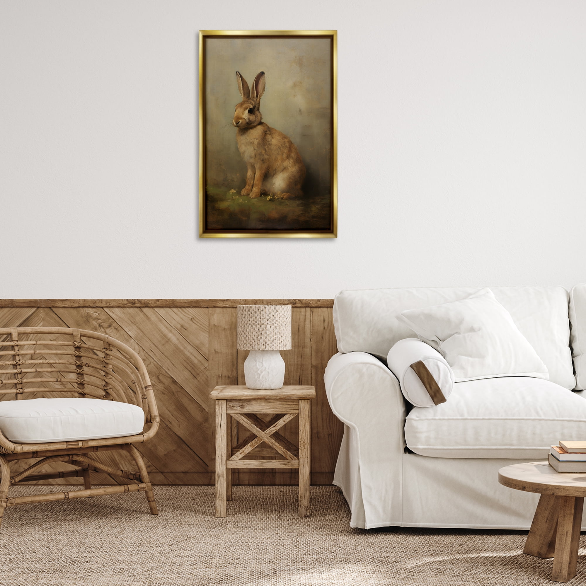 Stupell Industries Brown Bunny Portrait Animals & Insects Painting Gold Floater Framed Canvas Art Print Wall Art, 21 x 31