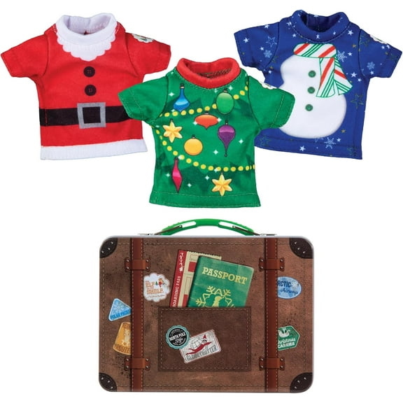 The Elf on the Shelf Claus Couture Christmas Party T-Shirts for Your Scout Elf - Includes Three Christmas Themed tees with Collectible tin Suitcase
