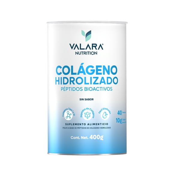 Péptidos Bioactivos de Colágeno Hidrolizado Valara Nutrition 400g. Sin Sabor, Colágeno tipo I y III , Alta Pureza, 40 Porciones