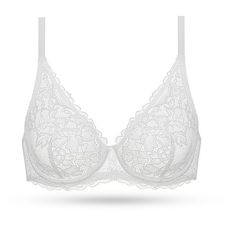 

Deyllo Women s Sexy Lace Bra Non-Padded Underwire See Through Unlined Bra Mesh Sheer Plunge Low Cut Bralettes， White 38DDD
