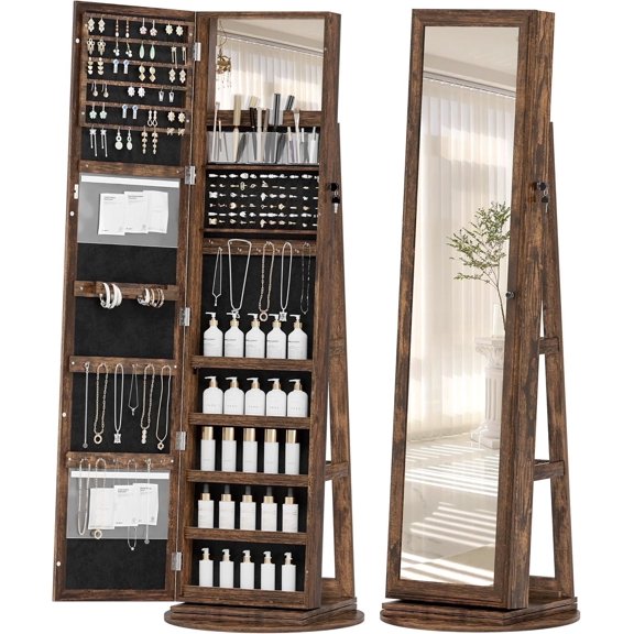 Esmlada Standing Jewelry Cabinet with Full-Length Mirror, 360° Rotating Armoire, Spacious Lockable Storage Organizer Designed for Women and Girls