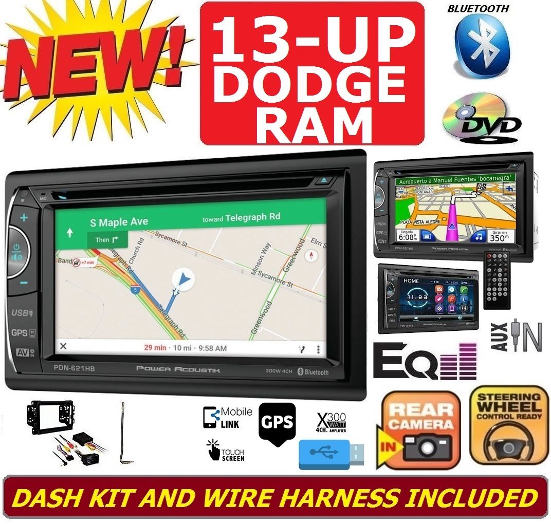 2013-2019 RAM JEEP CHRYSLER NAVIGATION CD/DVD/BLUETOOTH/USB/AUX DOUBLE DIN CAR STEREO RADIO PACKAGE.  INCLUDES INSTALLATION DASH KIT, WIRE HARNESS, AND ANTENNA ADAPTER - image 1 of 9