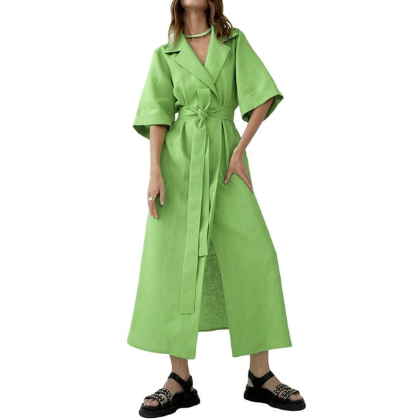 Txlixc, Kimono de manga corta para mujer, vestido camisero con cuello vuelto, vestido Midi con cinturón informal de trabajo de Color sólido para oficina y ocio Txlixc Moda