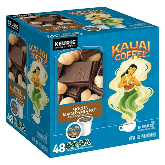 Kauai Coffee K-Cup Pods for Keurig Brewers ? Arabica Coffee, 10% Hawaiian ? Medium Roast, Savory and Chocolatey Aroma ? Mocha Macadamia Nut, 1 Pack of 48 Single Serve K-Cups