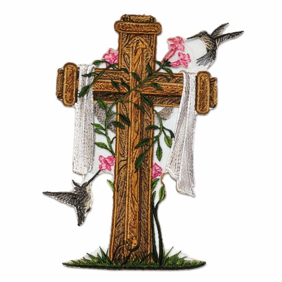 Holy Sacred Cross and Hummingbirds Embroidery Iron On/Sew Patch [6.5" x 4.85"]