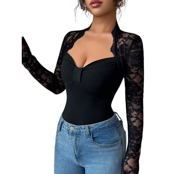 Women Lace Long Sleeve Shirt Low Cut Y2K Slim Fit Top Going Out Club Concert Clothes Black L