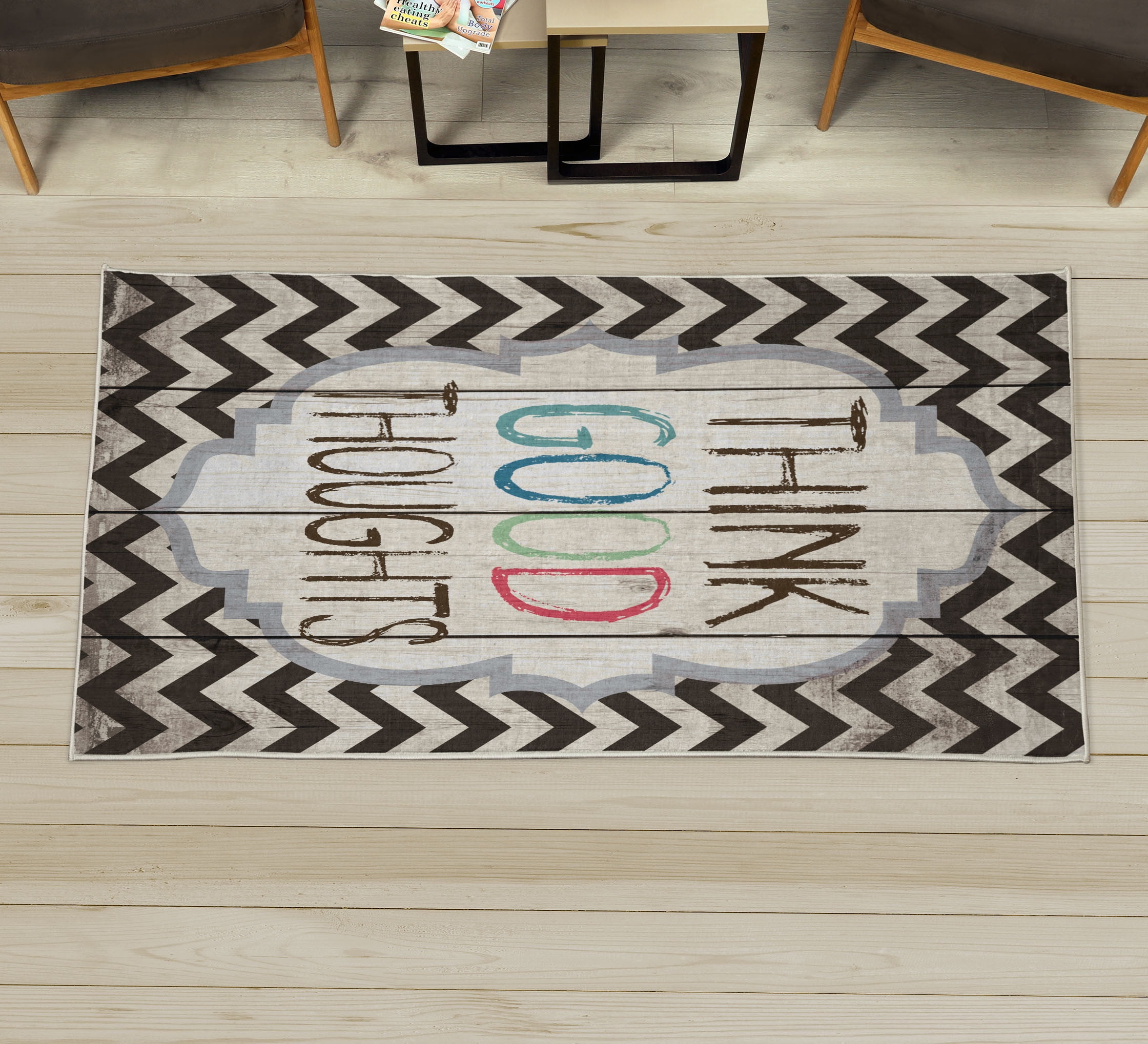 Saying Decorative Rug, Think Thoughts Message with Rainbow Colored