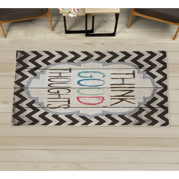 Saying Decorative Rug, Think Thoughts Message with Rainbow Colored Letters on Chevron Zigzag Lines, Quality Carpet for Bedroom Dorm and Living Room, 6 Sizes, Taupe Cream, by Ambesonne