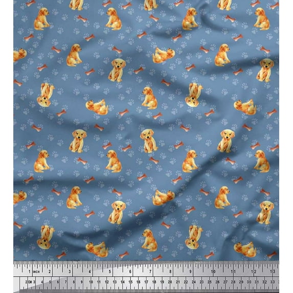 Soimoi Moss Georgette Fabric Paw,Bone & Puppy Dog Fabric Prints By Yard 42 Inch Wide