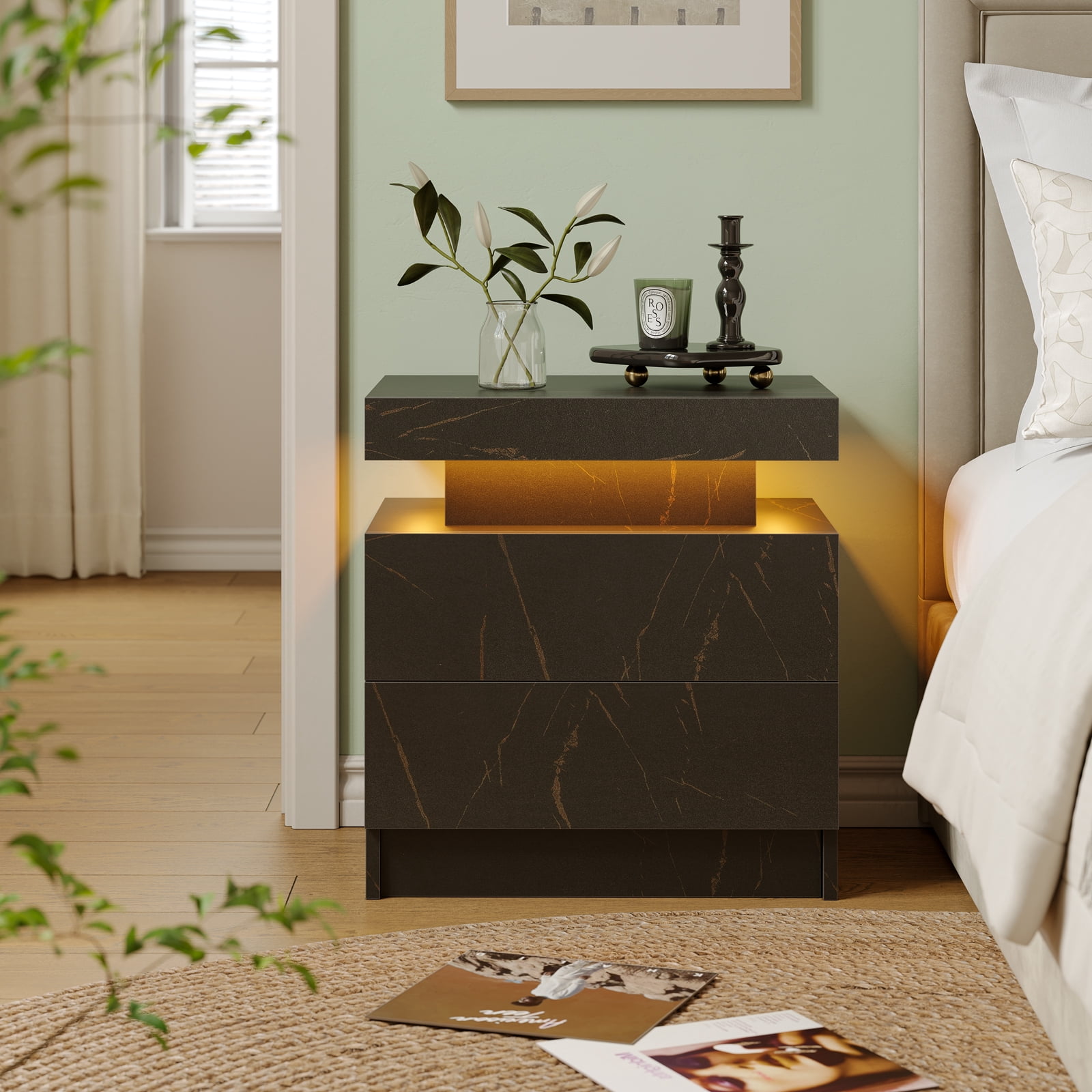 Cubehom LED Bedside Table, 2-Drawer Modern Nightstand with Storage, End Side Table for Living Room and Bedroom Furniture