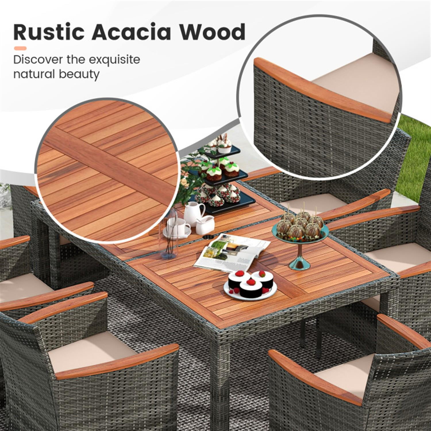 Demi Bonn 7 Pieces Patio Furniture Set, Cushioned PE Rattan Wicker Acacia Wood Dining Set with Umbrella Hole, Conversation Dining for Garden Poolside Balcony, Gray