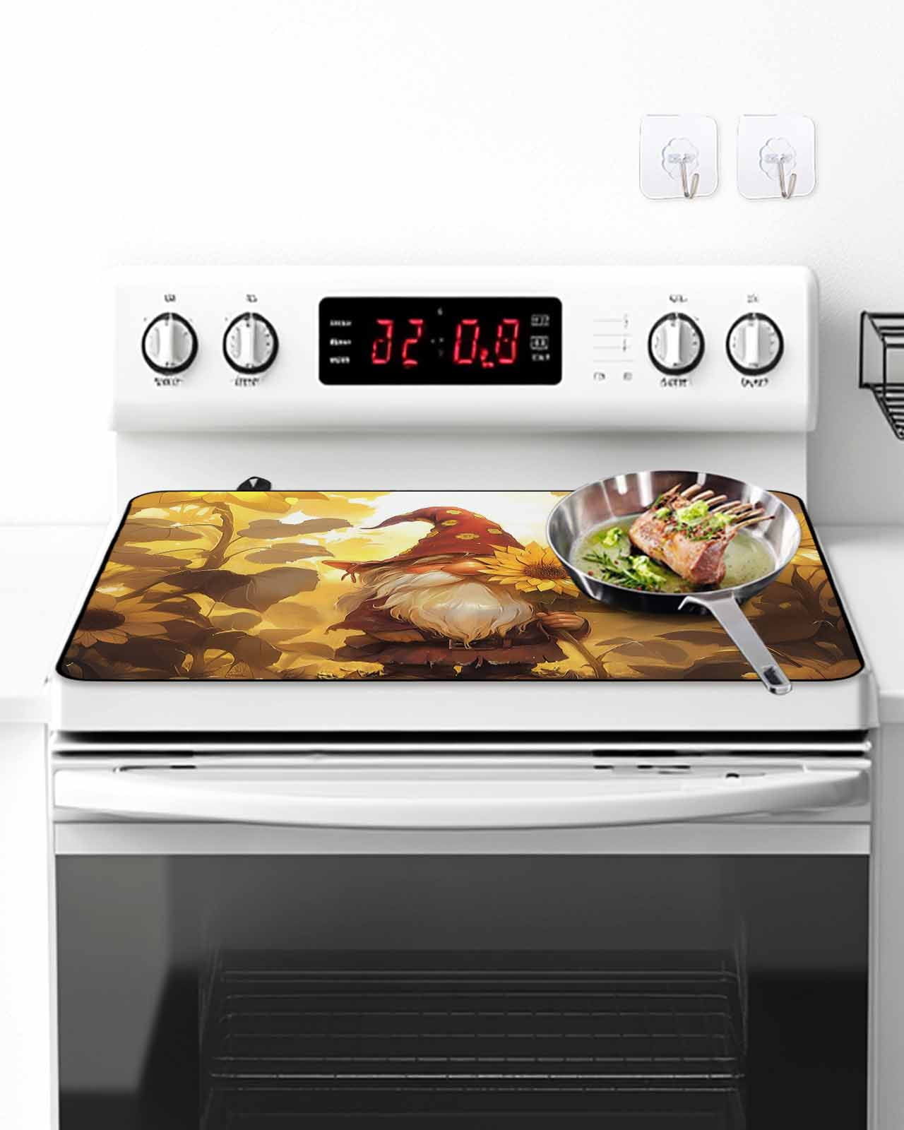Stove Top Covers for Electric Stove, Fall Sunflowers Gnomes Kitchen Glass Ceramic Electric Cooktop Covers 28.5''x20.5'', Autumn Floral Botanical HeatResistant Oven/Countertop/Dishwasher Protector