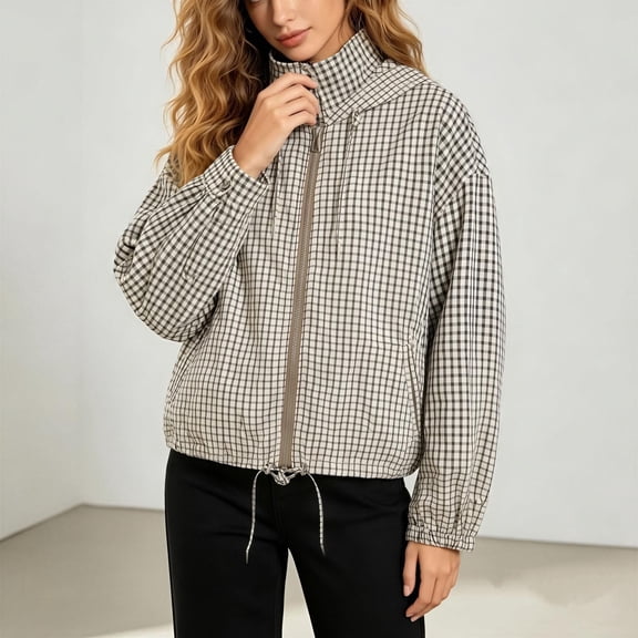 Women Gingham Bomber Jacket Plaid Hooded Oversized Cropped Zip Up Batwing Windbreaker with Pockets Outwear Coat Khaki L