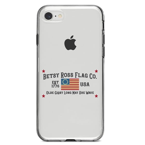 DistinctInk Clear Shockproof Hybrid Case for iPhone 7 8 SE (2020 Model) 4.7" Screen TPU Bumper Acrylic Back Tempered Glass Screen Protector - Betsy Ross Flag Co - Old Glory USA