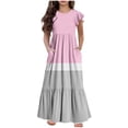 thumbnail image 1 of Yanlir Robe d'Été Mignonne à Col Rond pour Filles – Robe Unie à Manches Courtes à Imprimé Rayé avec Poche pour un Style Décontracté et Stylé 6-13 Ans (Violet#1, 8-9 Ans), 1 of 5