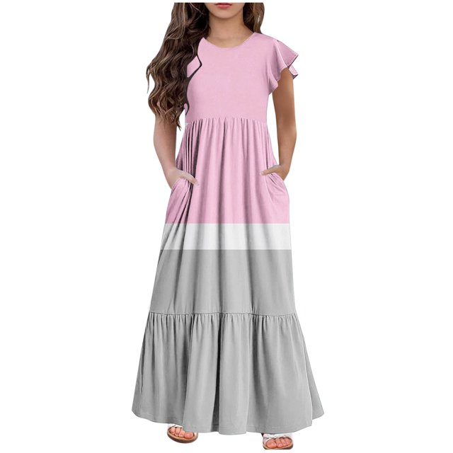 Yanlir Robe d'Été Mignonne à Col Rond pour Filles – Robe Unie à Manches Courtes à Imprimé Rayé avec Poche pour un Style Décontracté et Stylé 6-13 Ans (Violet#1, 8-9 Ans)