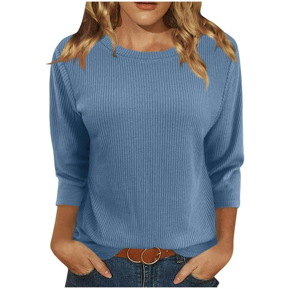 Inleife Womens Shirts Women's Fashionable Solid Round Neck 3/4 Sleeves Casual T-Shirt Tops Blouses