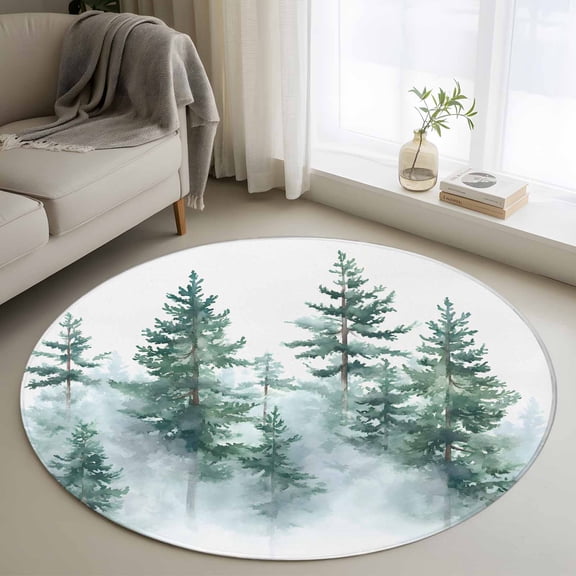 Round Rugs 4Ft, Forest Green Ombre Round Area Rug Washable Indoor Throw Carpet, Watercolor Sage Green Trees Soft Non Slip Circle Rug for Kitchen Nursery Room Home Decor Aesthetic
