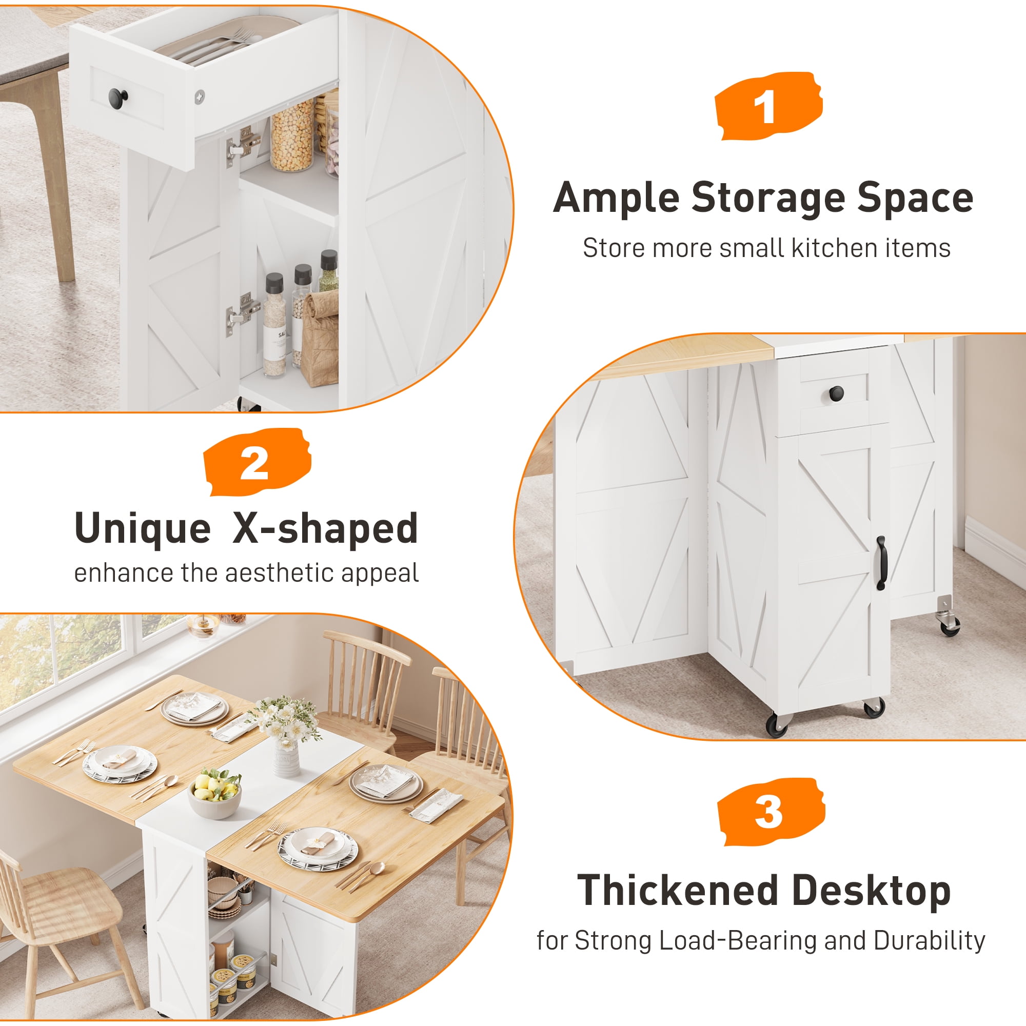 Cocosity Space Saving Versatile Folding Kitchen Dining Table with Wheels & Storage Shelf for Small Apartment