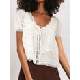 thumbnail image 2 of Women Tie Front Lace Trim Top Sheer Short Sleeve Scoop Neck Button Shirt Y2k Ruffle Flowy Boho Crop Tops White L, 2 of 6