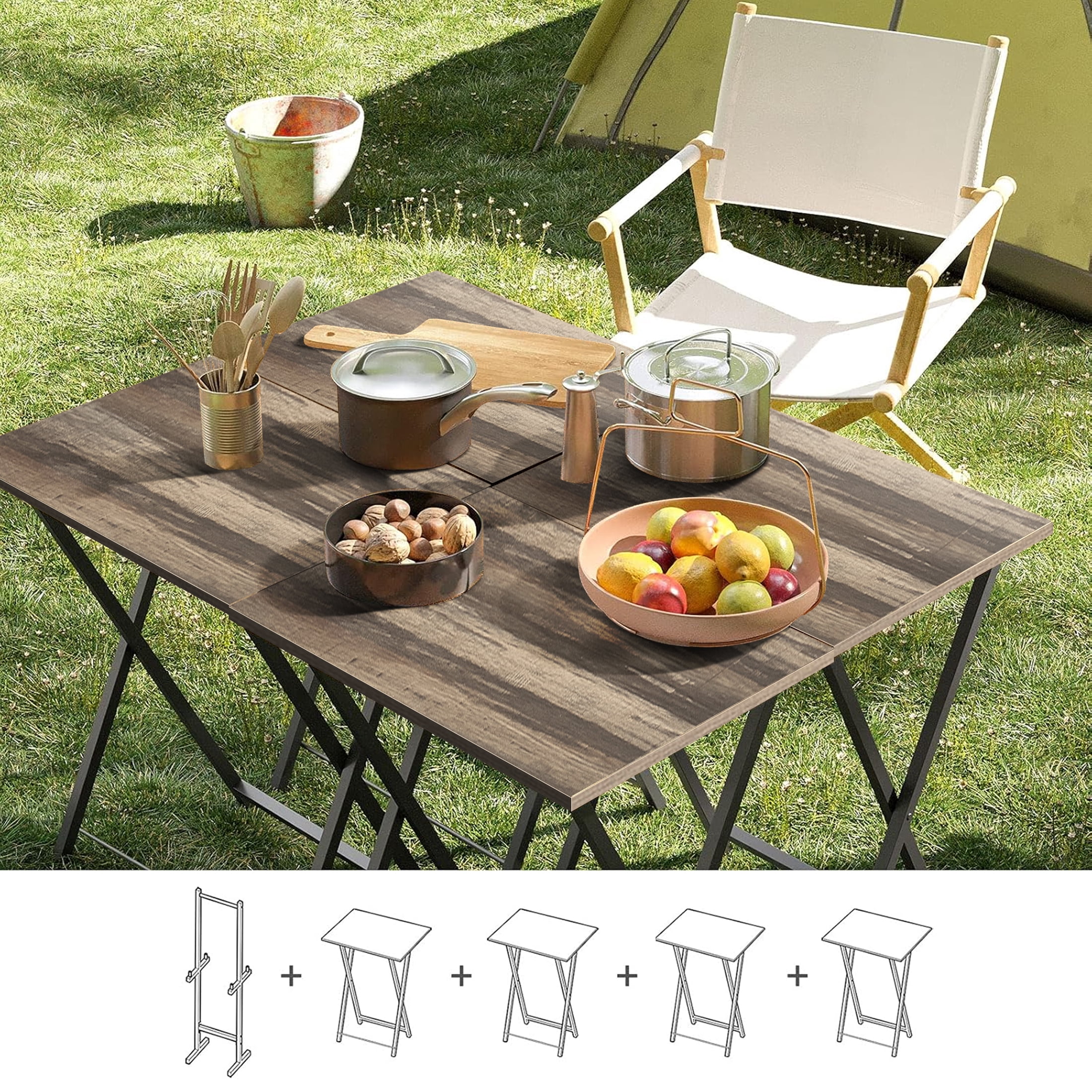 Aukfa TV Tray Table Set of 4, Folding Table, Industrial Side Table for Small Spaces, Space-Saving, Rustic Brown