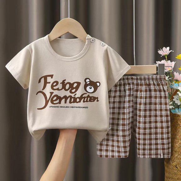 Bxsruta Toddler Boys Girls Short Sleeve T-Shirt Plaid Shorts Outfit Casual Summer Clothing Set