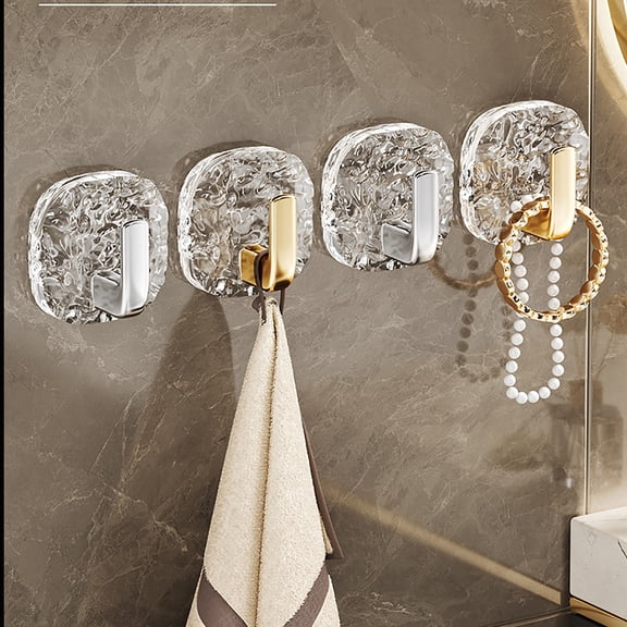4 Pack No-Drill Wall Hooks, Heavy Duty Self-Adhesive Seamless Hooks for Hanging Towels, Robes, Bags, Earphones, Behind Door, Bathroom, Kitchen, Home Organization