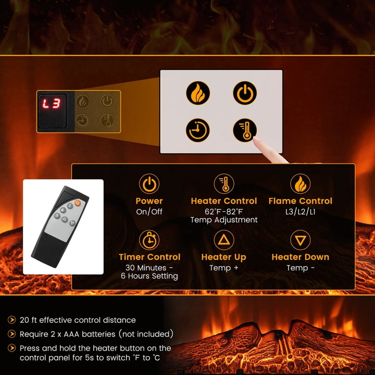 Costway 23 Electric Fireplace Insert Heater w/ Log Flame Effects Remote  Control 1400W - Walmart.com