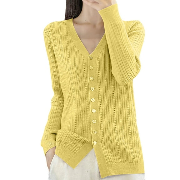Fiaer Long Sleeve Knit Cardigan Sweaters for Women Lightweight Comfort Versatile Button Down V-Neck Solid Tops Yellow XL