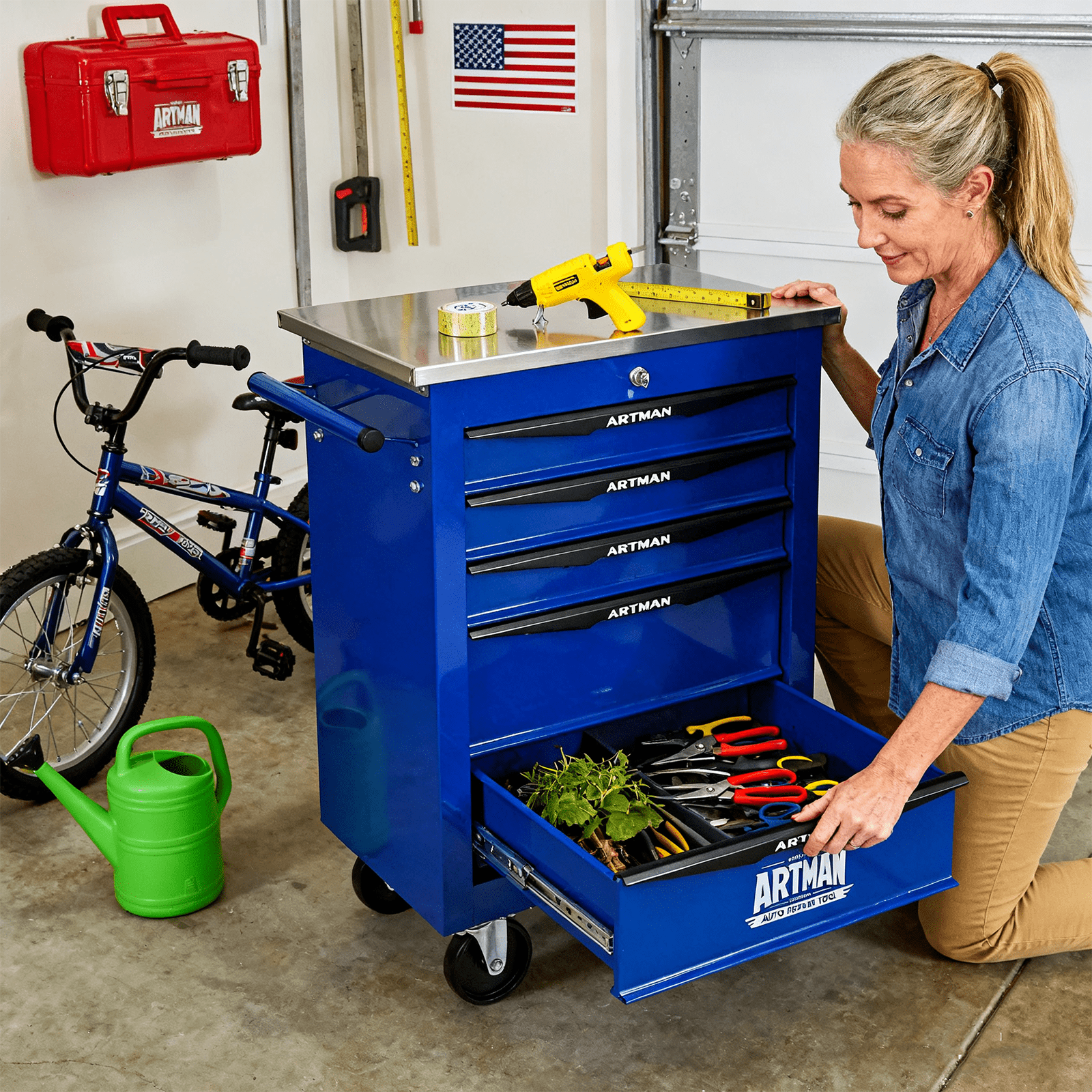 ARTMAN 5 Drawers Steel Storage Rolling Tool Chest Cabinet Cart with Wheels and Stainless Steel Roof