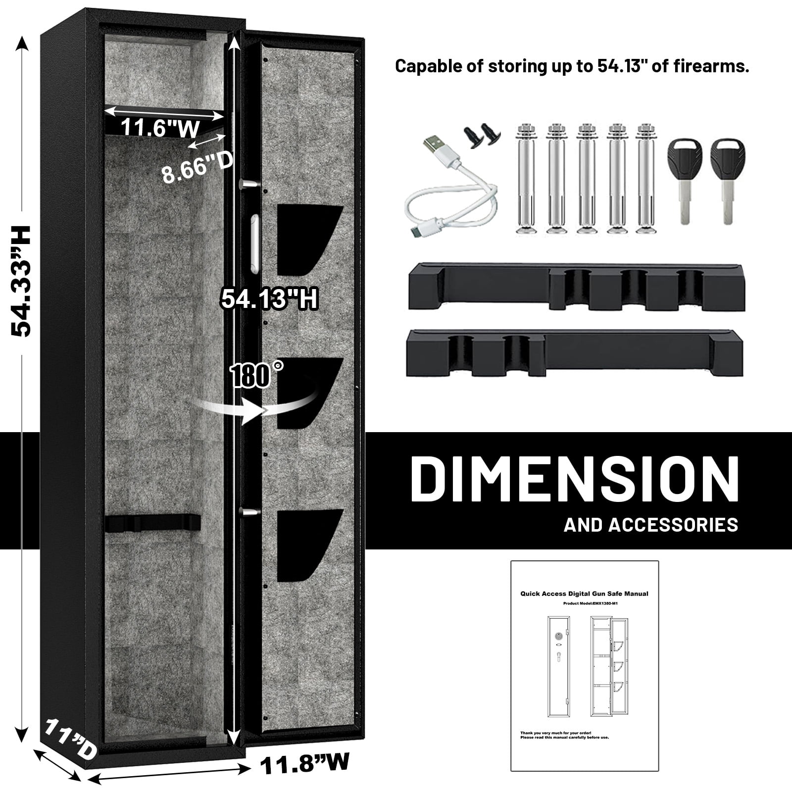 4-5 Digital Rifle Gun Safe,Gun Cabinet with Upgraded Digital Panel and LED Light,Gun Safes for Home Rifle and Pistols with Adjustable Rifle Racks and Removable Shelf ,Gun Safes & Cabinets with Alarm