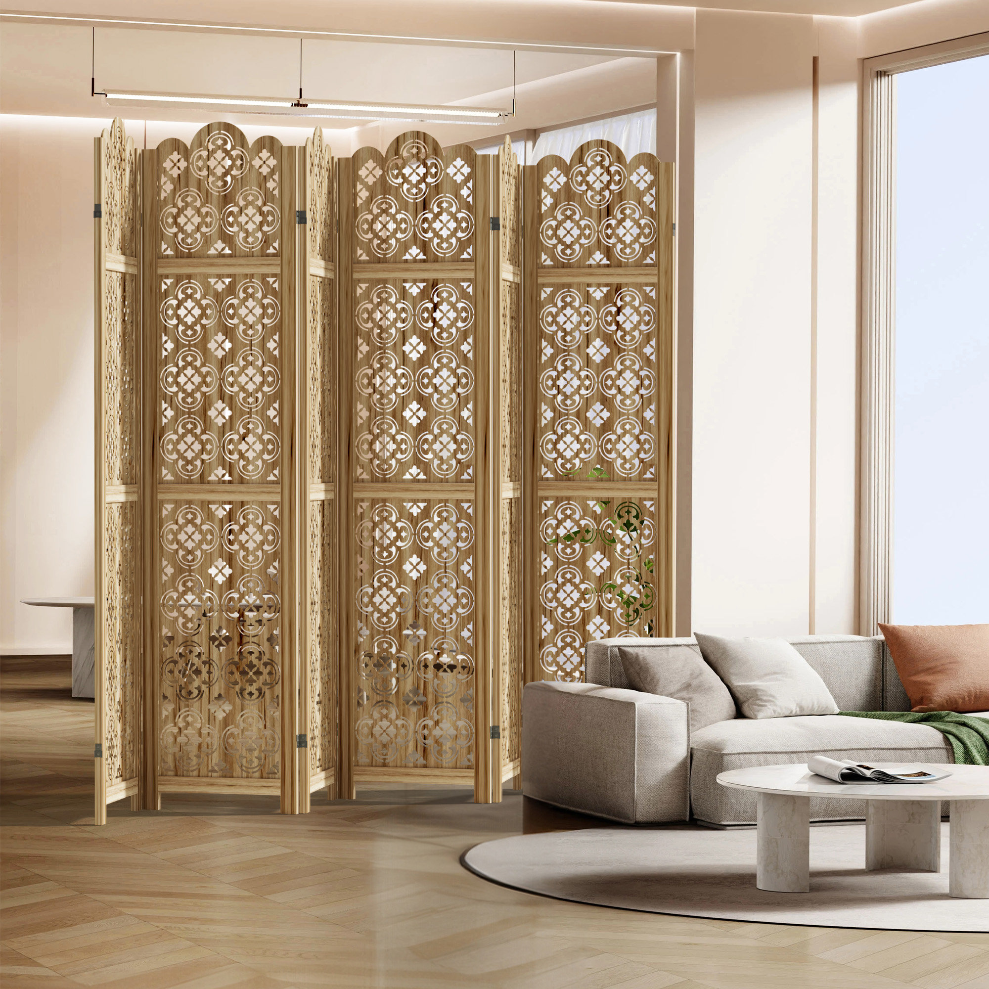 MAYEERTY 6-Piece 67×16" Natural Wood Privacy Panel Screen for Living Room, Coin Pattern