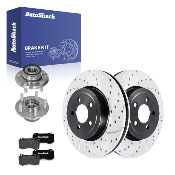 AutoShack Front Vented Drilled & Slotted E-Coated Brake Rotors   Ceramic Pads   Hub Bearing Assembly 8-PC Brake Kit Replacement for 2012 Dodge Charger ShadowGuard 13.58" (345 mm)