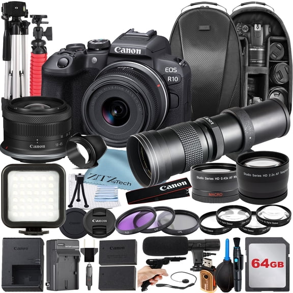 Canon EOS R10 Mirrorless Camera with RF-S 18-45mm   420-800mm Super Telephoto Zoom Lens   64GB SanDisk Memory Card   Backpack   Tripod   ZeeTech Accessory Bundle (International Version)